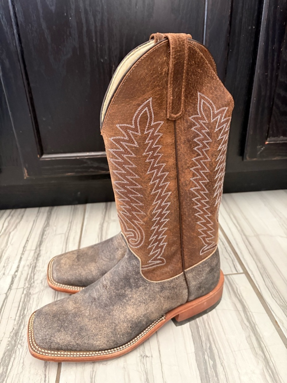 Anderson Bean Tan Suede Cowboy Boots with Blue Logo Tag